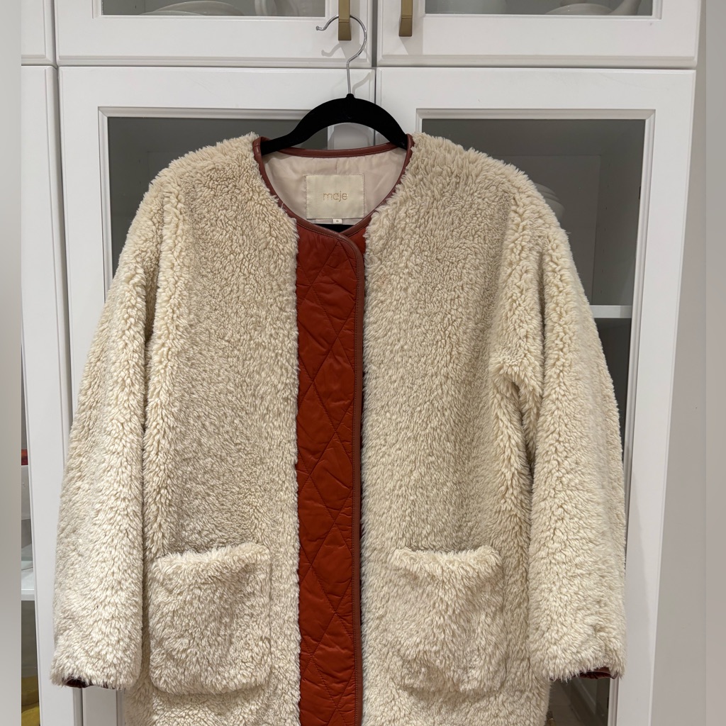 Maje Gloria Quilted Trim Faux Fur Coat Cream Teddy Jacket Size 0/Xs Oversized